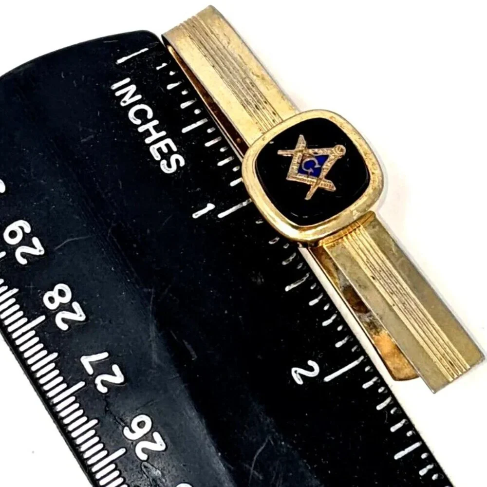 Vintage Freemason G Compass Square Money Tie clip Gold Tone Black Blue enamel